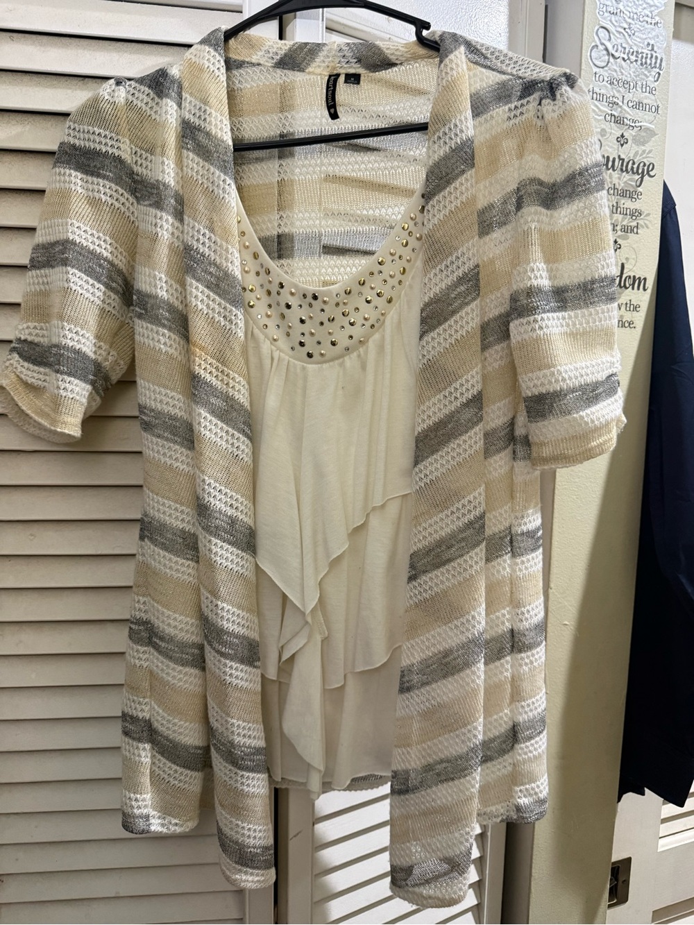 HeartSoul Cream and Gray Striped Layered Studded Camisole Top